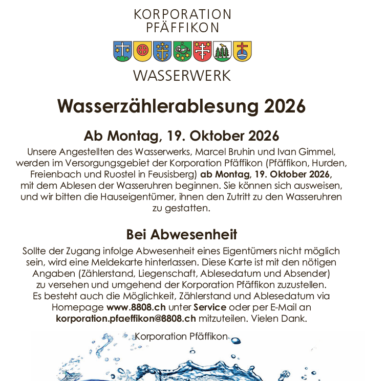 Wasserzählerablesung 2026 ab Montag, 19. Oktober 2026